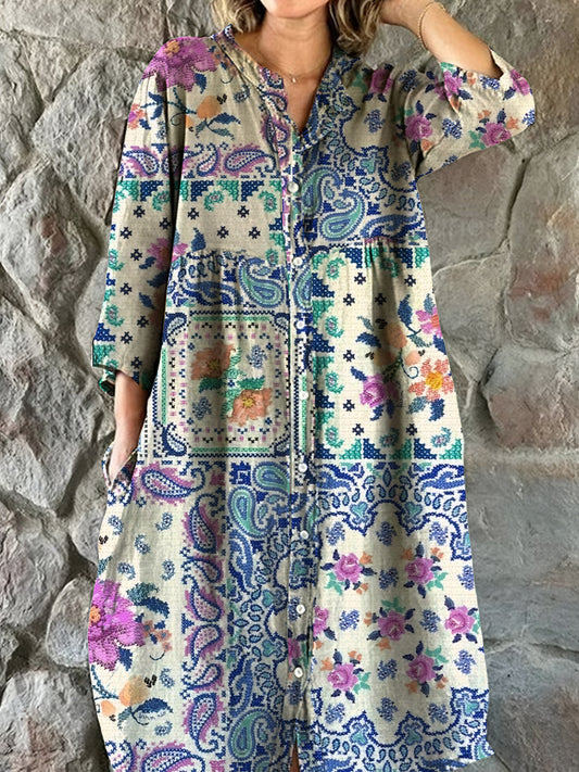 Vintage bohemisk blomsterkunst utskrift Chic V hals tre kvarts ermerknapp Elegant Midi kjole