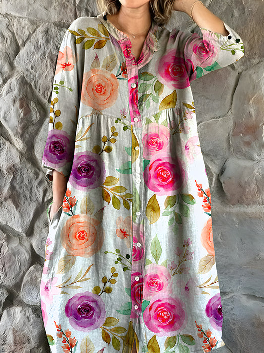 Vintage bohemisk blomsterkunst utskrift Chic V hals tre kvarts ermerknapp Elegant Midi kjole