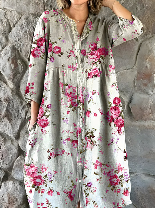 Vintage bohemisk blomsterkunst Skriv ut Chic V-hals trekvartære ermer knapp Elegant midi kjole