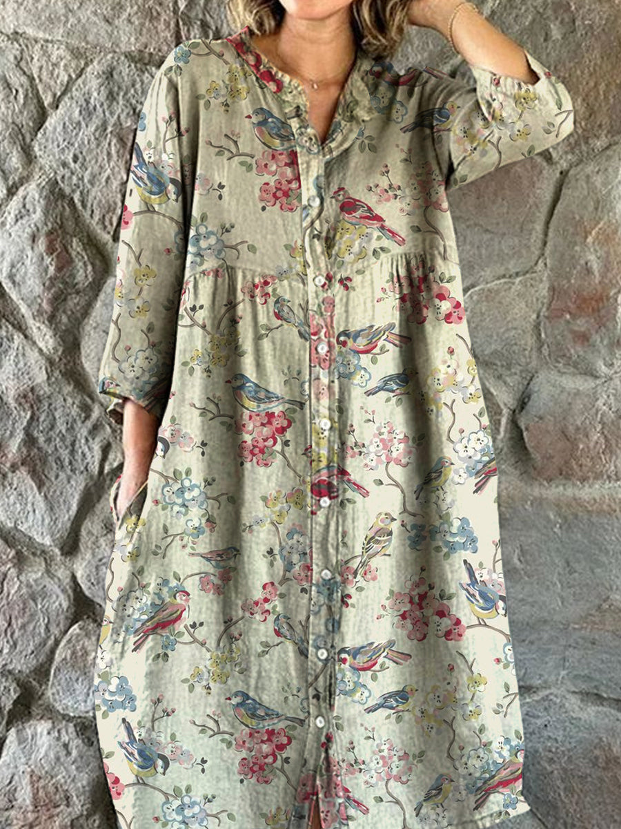 Vintage bohemisk blomsterkunst Skriv ut Chic V-hals trekvartære ermer knapp Elegant midi kjole