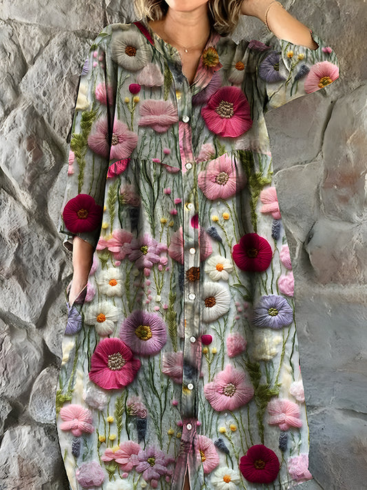 Vintage bohemisk blomsterkunst Skriv ut Chic V-hals trekvartære ermer knapp Elegant midi kjole