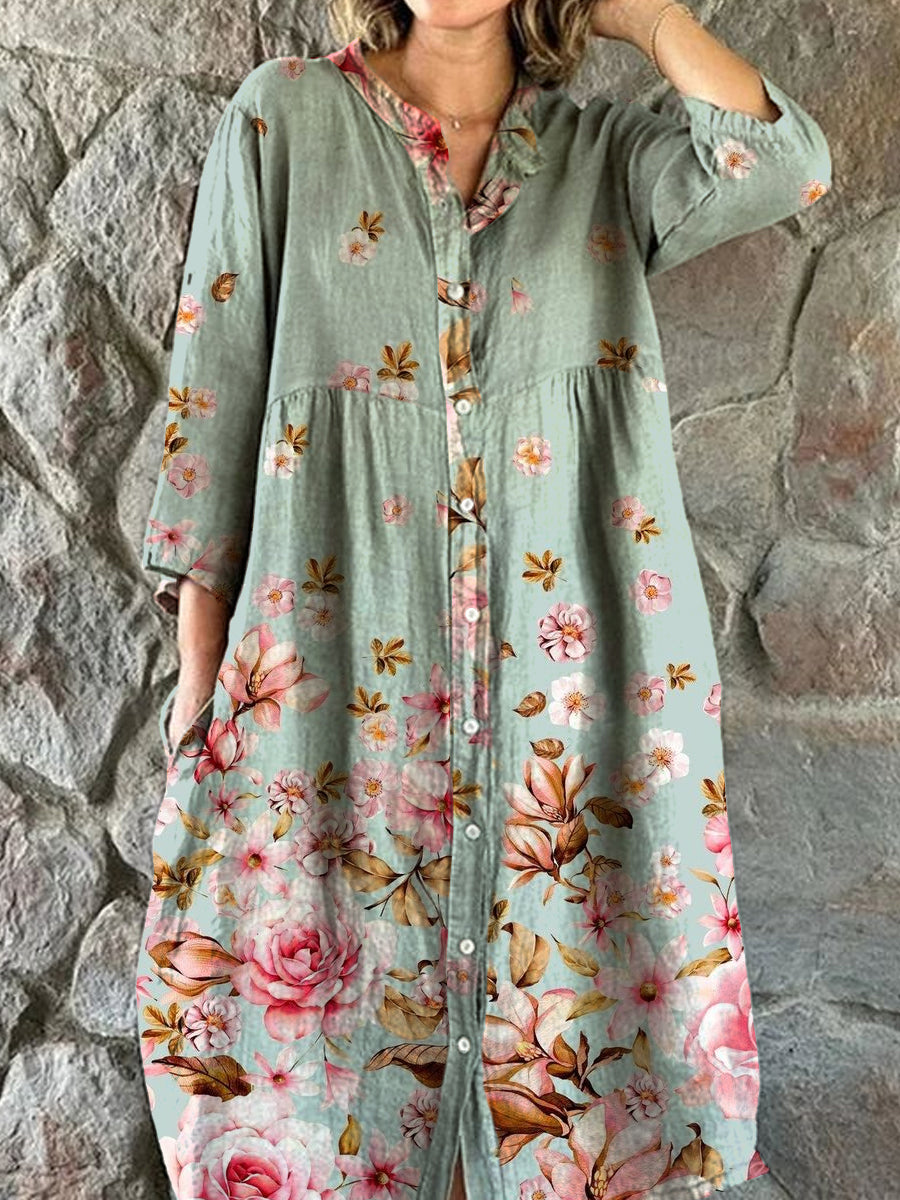 Vintage bohemisk blomsterkunst Skriv ut Chic V-hals trekvartære ermer knapp Elegant midi kjole