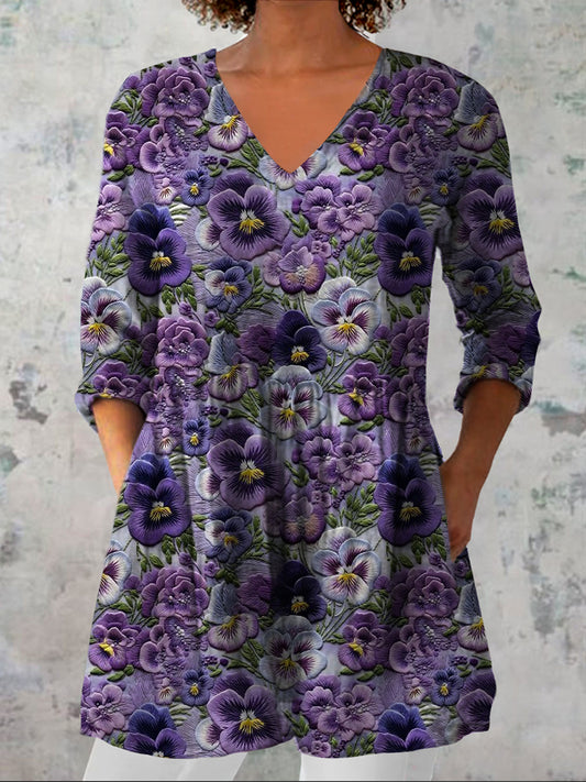 Kvinners Vintage Bohemian Blomsterkunst Print Casual V-Hack Trekvartære ermer Elegant bomull og lin topp