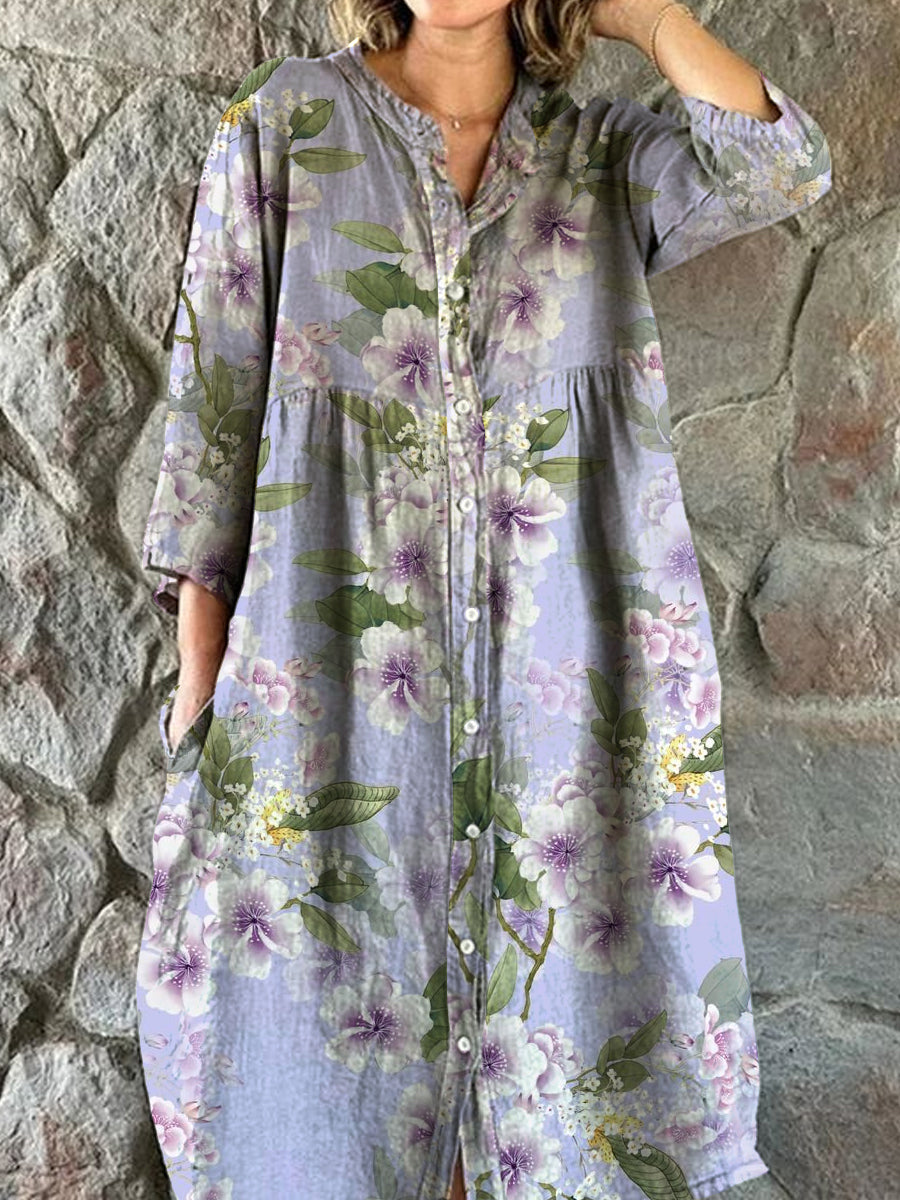 Vintage bohemisk blomsterkunst Skriv ut Chic V-hals trekvartære ermer knapp Elegant midi kjole