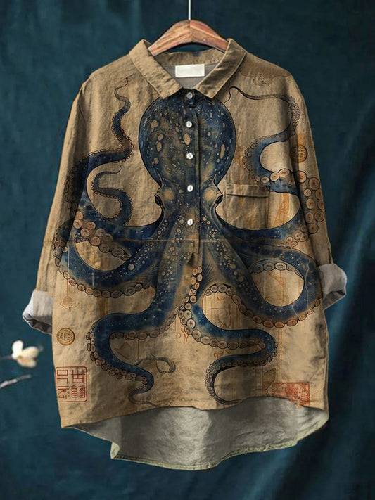 Kvinner Vintage Octopus kunst utskrift Casual bomull linn rund halsknapp lomme Midi erme skjort øverst