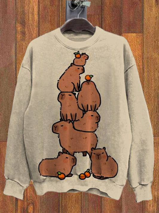 Retro Animal kunst trykt besetning-hals komfortabel bomullsblanding Langæret Sweatshirt