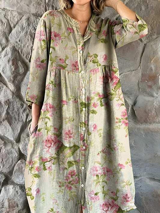 Vintage bohemisk blomsterutskrift Chic V hals tre kvarts ermerknapp Elegant Midi kjole