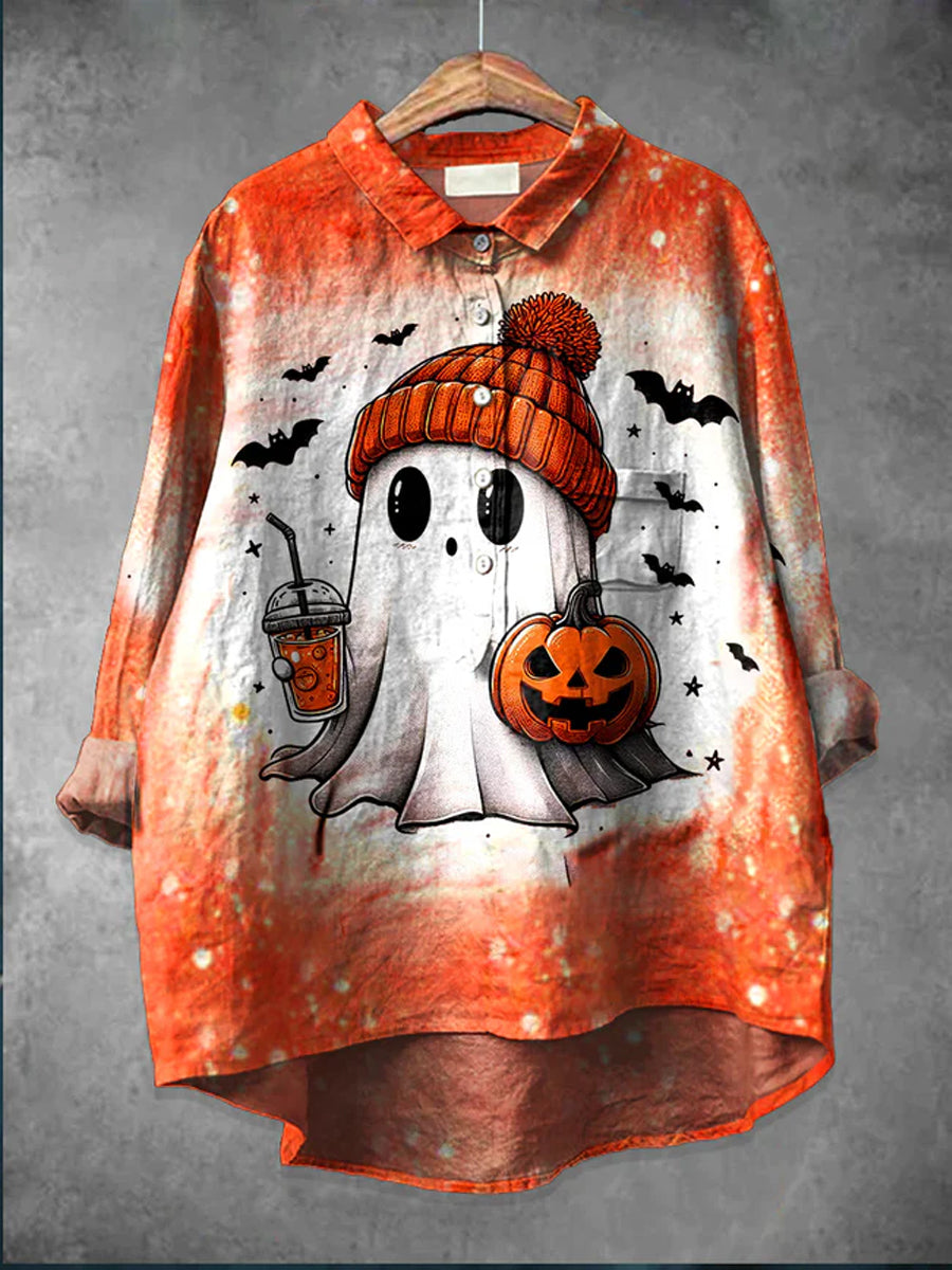 Kvinners vintage Halloween kunst utskrift Casual bomull linn rund halsknapp lomme Midi erme skjort øverst