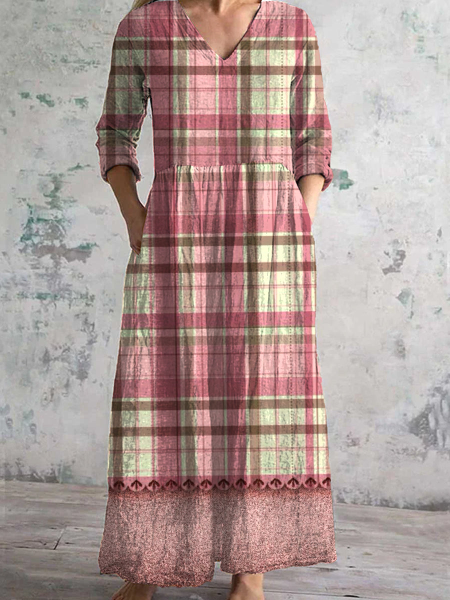 Vintage Plaid kunst utskrift Chic V hals tre kvarter ermer Elegant Midi kjole