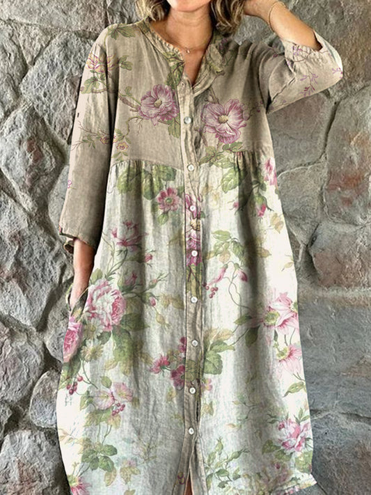 Vintage bohemisk blomsterkunst utskrift Chic V hals tre kvarts ermerknapp Elegant Midi kjole