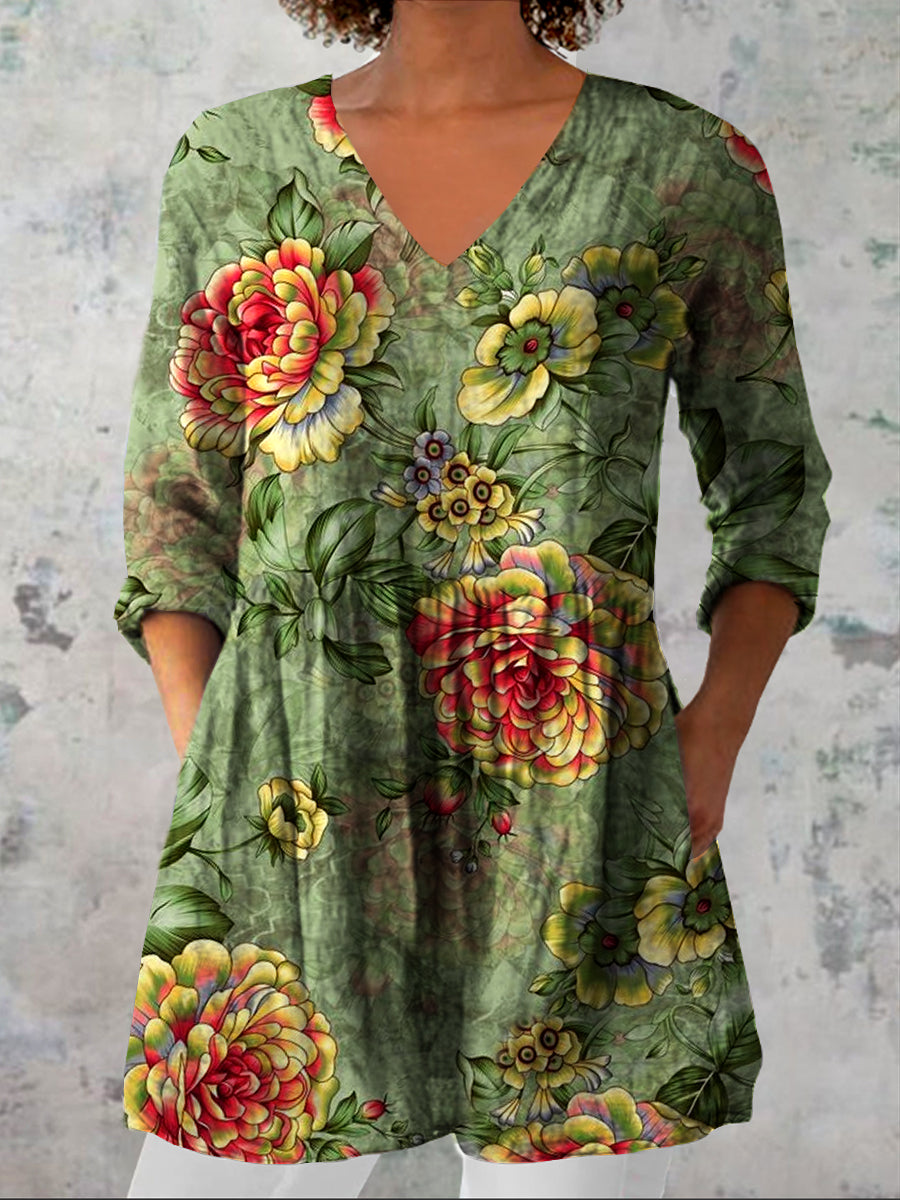 Kvinners Vintage blomsterkunst Print Casual V hals tre kvarter erme Elegant bomullslinn topp