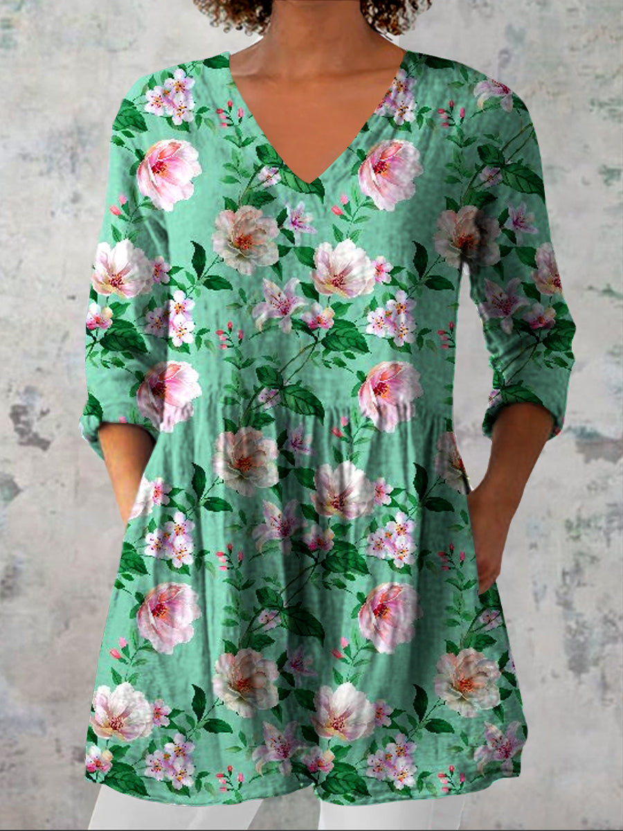 Kvinners Vintage blomsterkunst Print Casual V hals tre kvarter erme Elegant bomullslinn topp