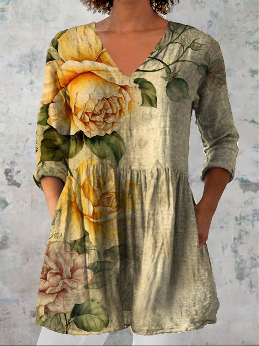 Kvinners Vintage blomsterkunst Print Casual V hals tre kvarter erme Elegant bomullslinn topp