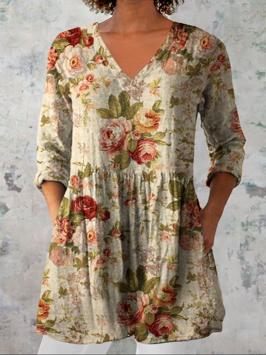 Kvinners Vintage blomsterkunst Print Casual V hals tre kvarter erme Elegant bomullslinn topp