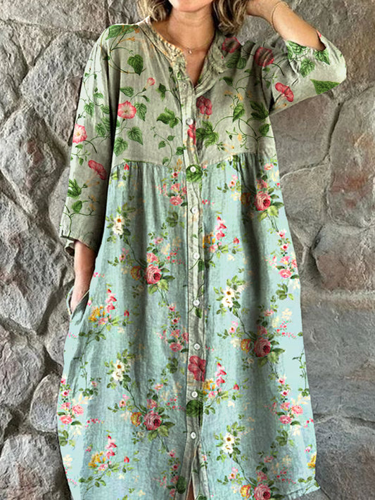 Vintage bohemisk blomsterkunst utskrift Chic V hals tre kvarts ermerknapp Elegant Midi kjole