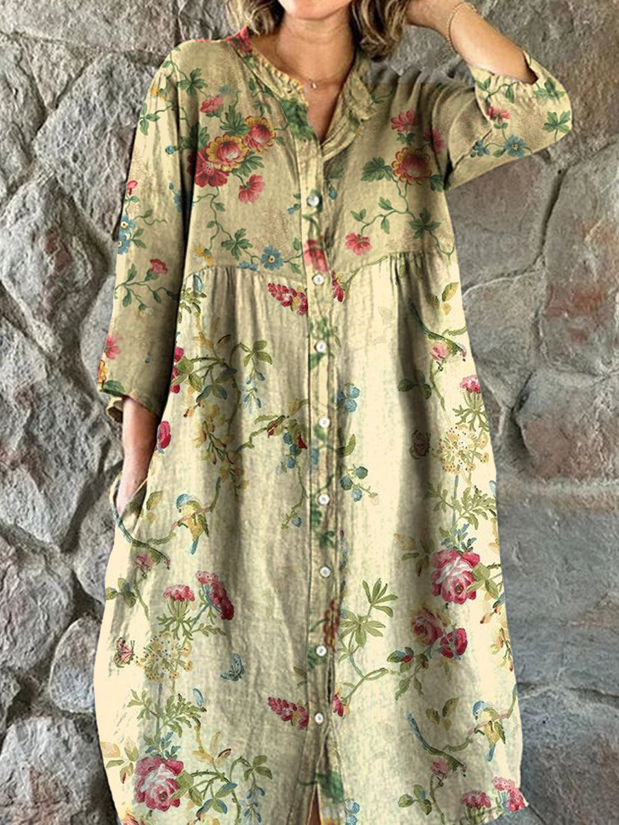 Vintage bohemisk blomsterkunst utskrift Chic V hals tre kvarts ermerknapp Elegant Midi kjole