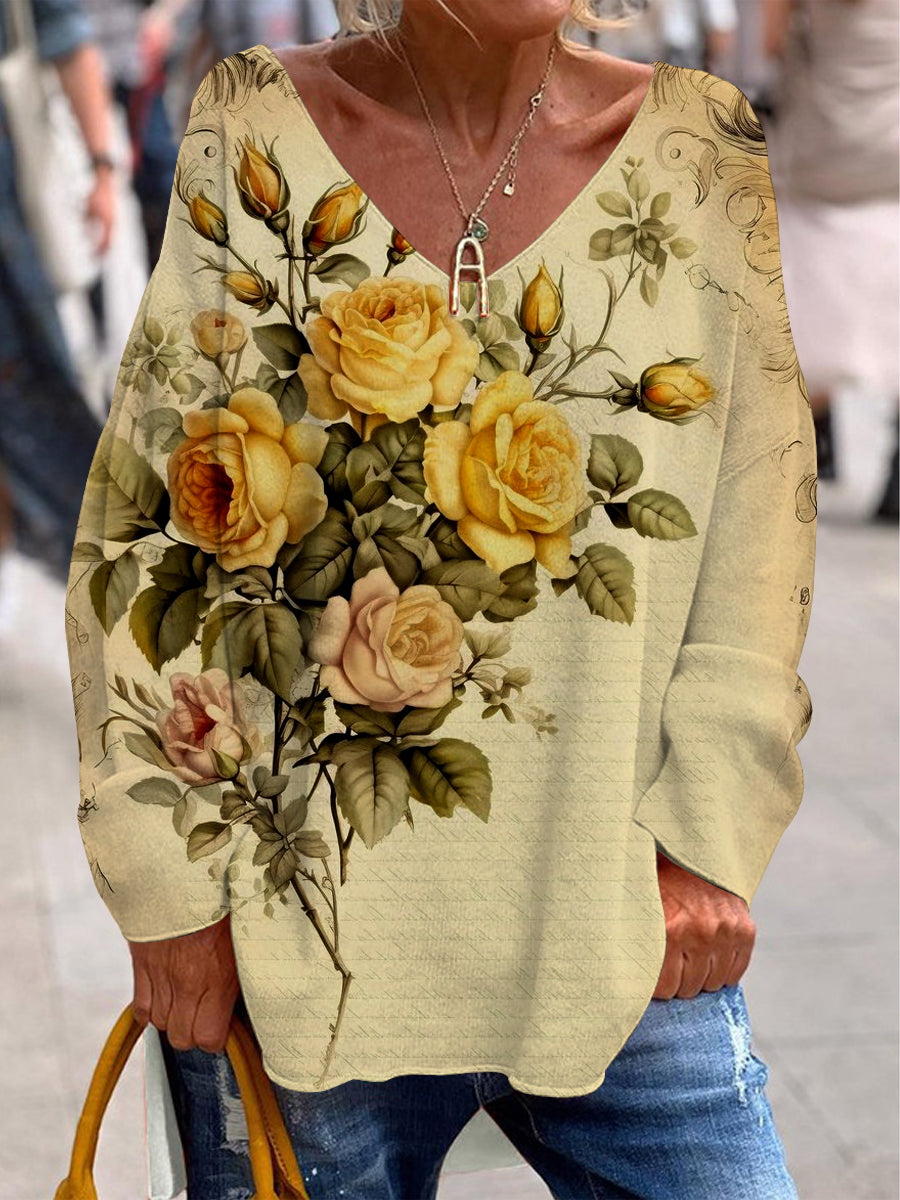 Illustrasjon i blomsterkunsten Skriv ut Casual V-Neck øverst