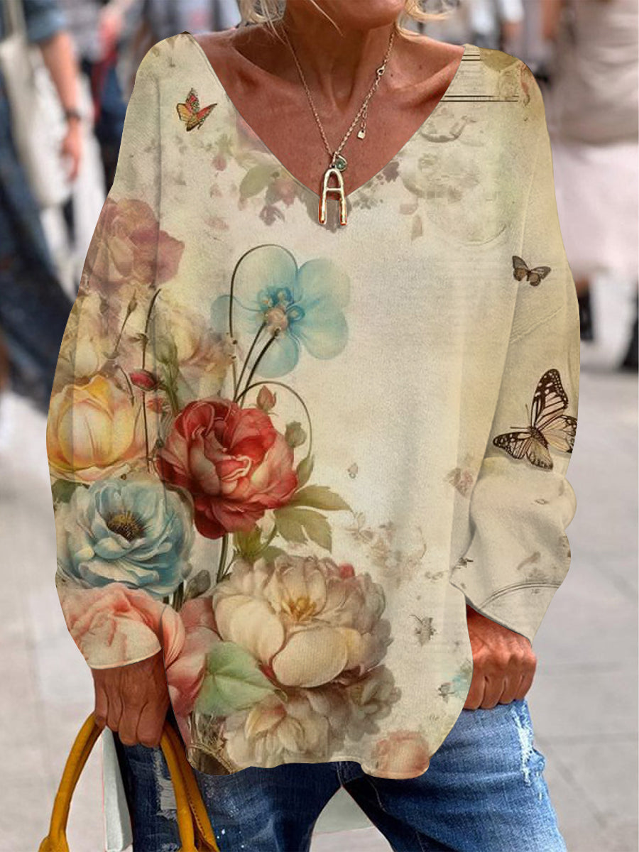 Illustrasjon i blomsterkunsten Skriv ut Casual V-Neck øverst