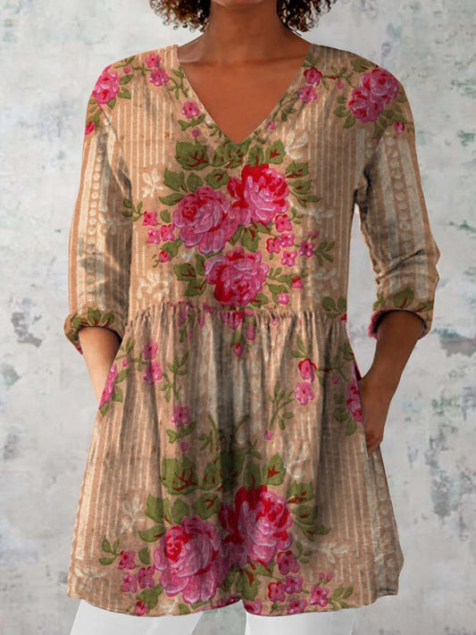 Elegant Boho Floral Skriv V-halsmønster bomull Løs lang erme øverst