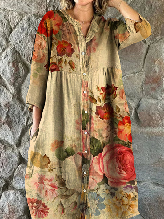 Vintage bohemisk blomsterkunst utskrift Chic V hals tre kvarts ermerknapp Elegant Midi kjole