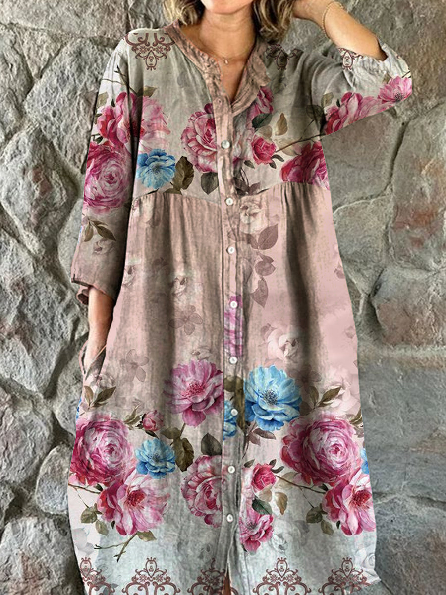 Vintage bohemisk blomsterkunst utskrift Chic V hals tre kvarts ermerknapp Elegant Midi kjole