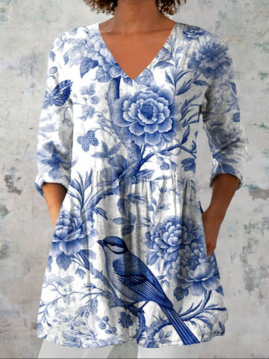 Kvinners Vintage blomsterkunst Print Casual V hals tre kvarter erme Elegant bomullslinn topp