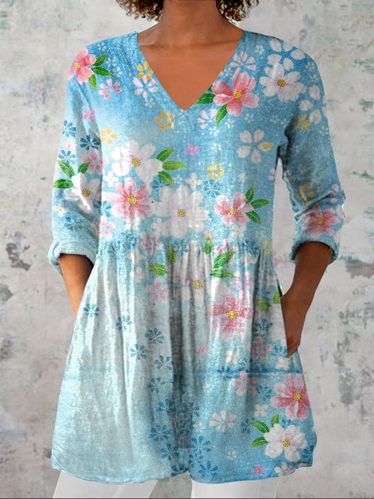 Kvinners Vintage blomsterkunst Print Casual V hals tre kvarter erme Elegant bomullslinn topp