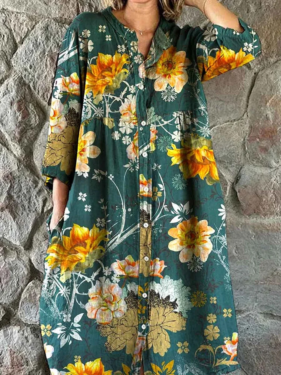 Vintage bohemisk blomsterkunst utskrift Chic V hals tre kvarts ermerknapp Elegant Midi kjole