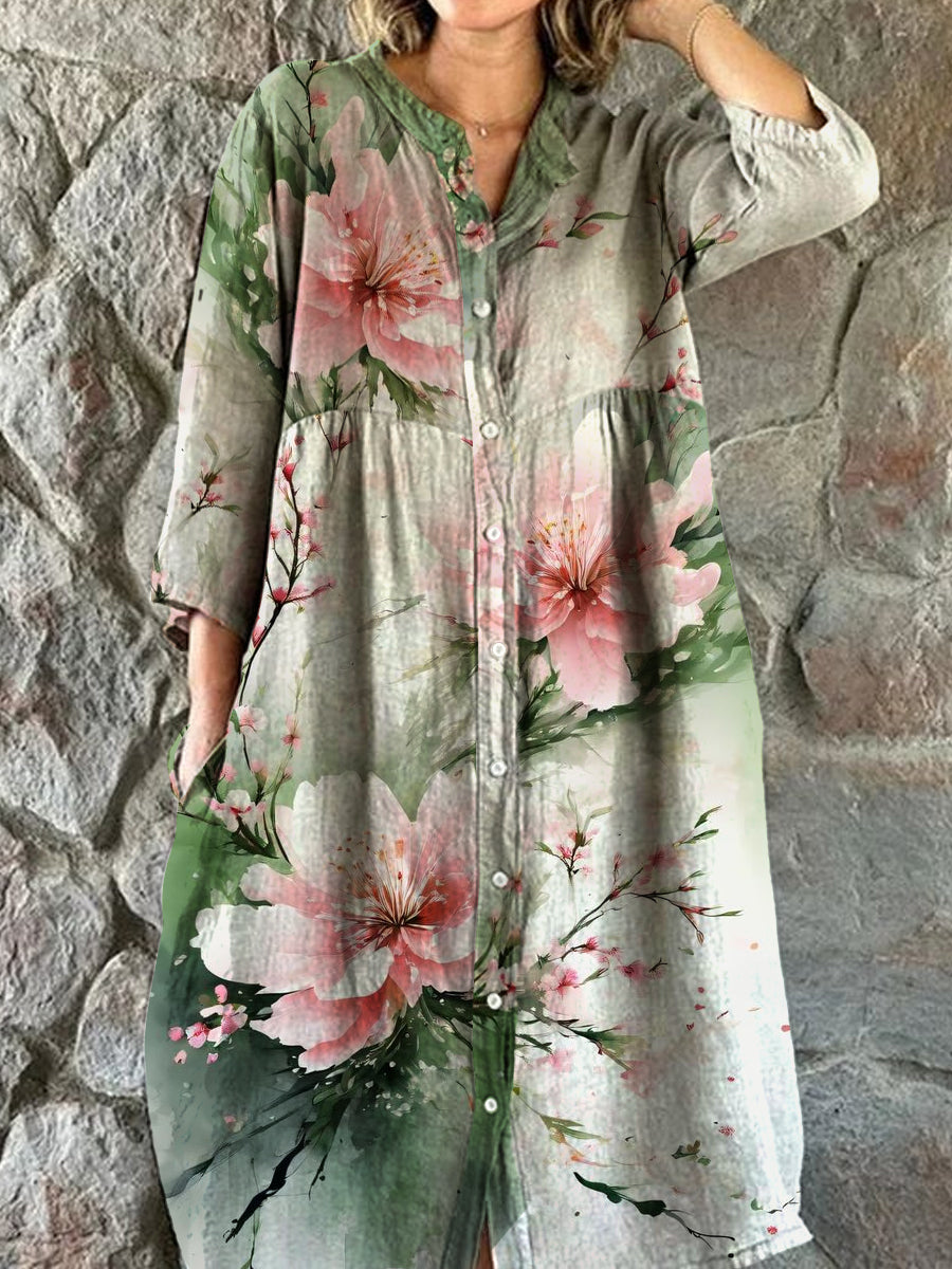 Vintage bohemisk blomsterkunst utskrift Chic V hals tre kvarts ermerknapp Elegant Midi kjole