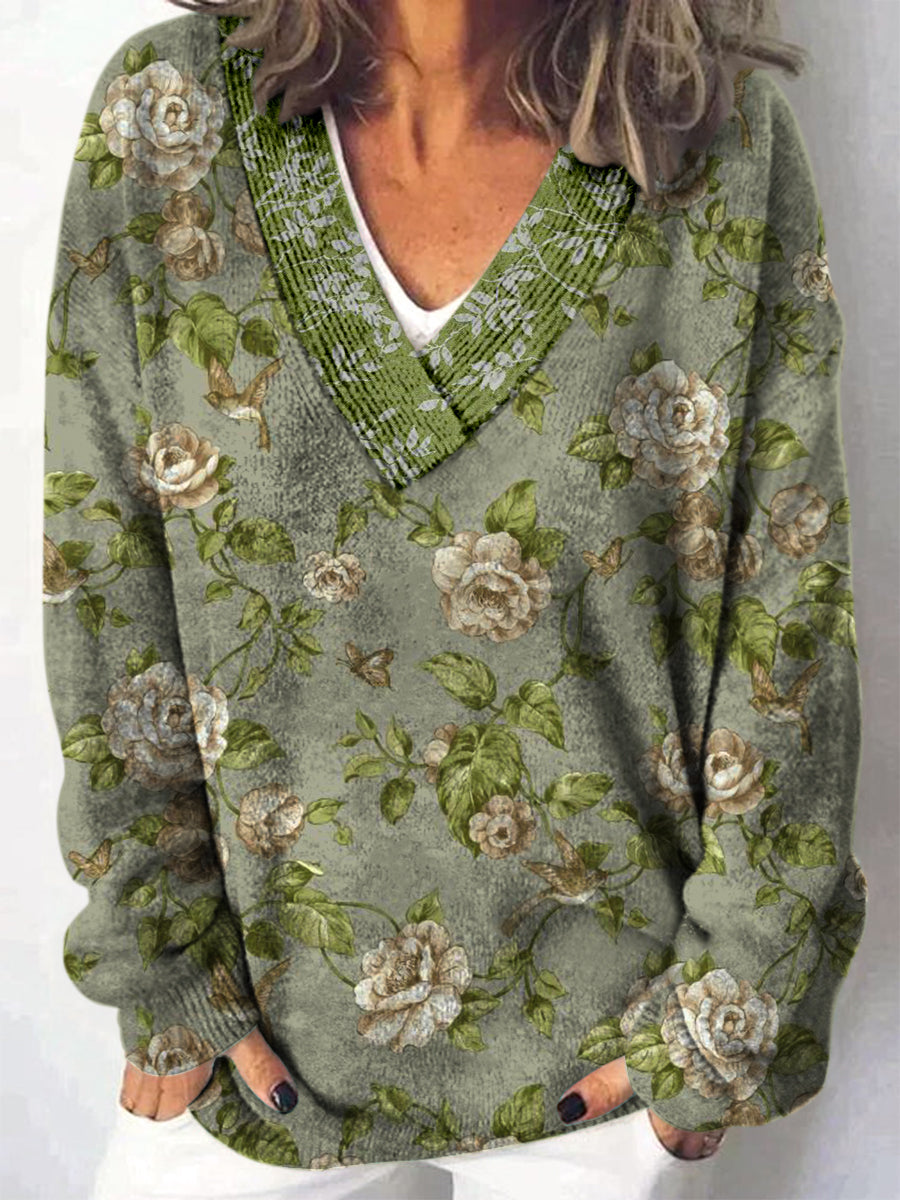 Retro Boho blomstertrykt V-hals, komfortabel, lang-ærmet, løs sweatshirt