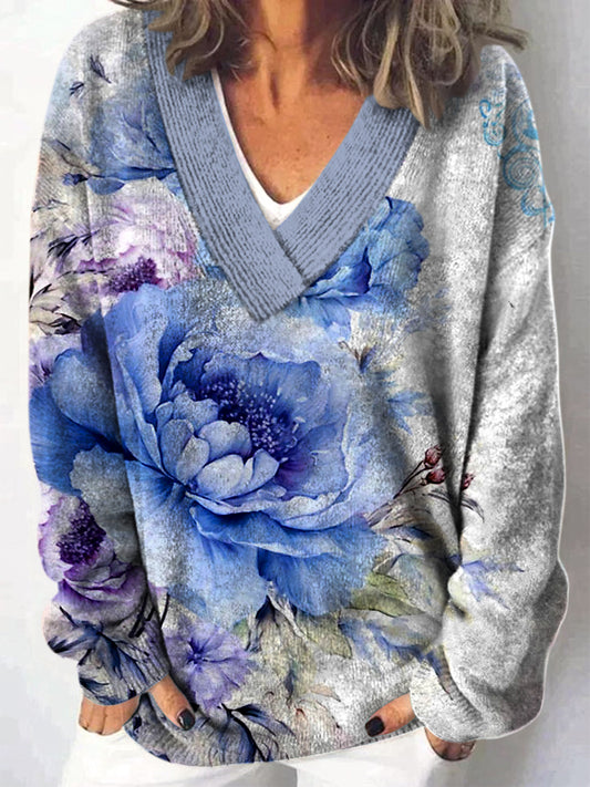 Retro Boho blomstertrykt V-hals, komfortabel, lang-ærmet, løs sweatshirt