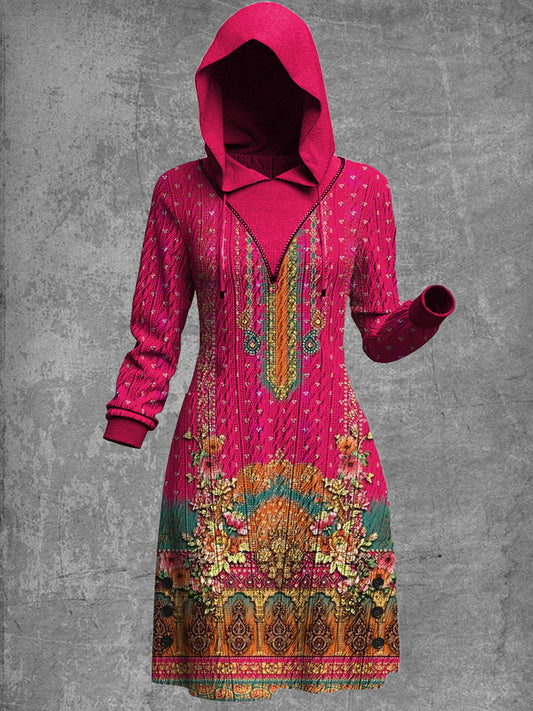 Retro bohemisk etnisk kunst utskrift strikket jacquard Hooded Casual Sweatshirt Dress