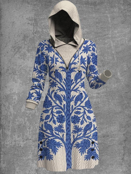 Retro blomsterkunst utskrift strikket jacquard Hooded Casual Sweatshirt Dress