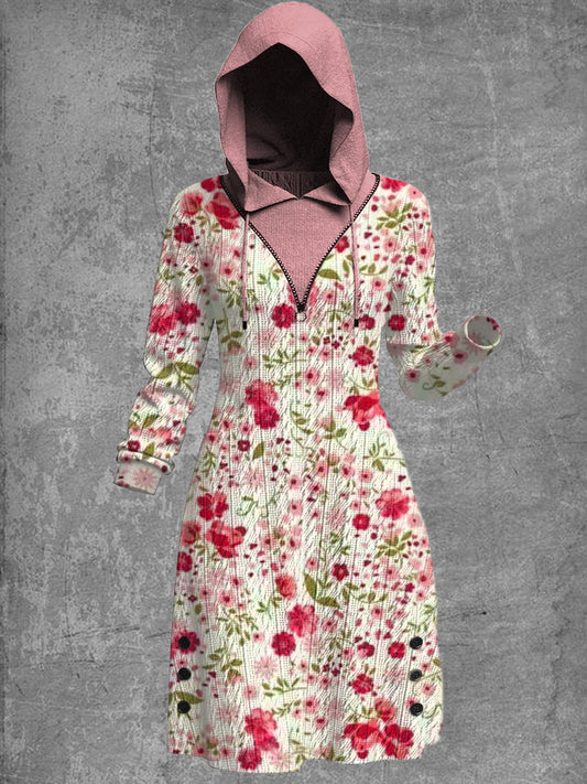 Retro blomsterkunst utskrift strikket jacquard Hooded Casual Sweatshirt Dress