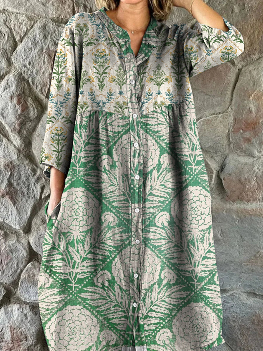 Retro Boho blomsterkunst utskrift Vintage Chic V-halsknapp opp langærme Midi-kjole