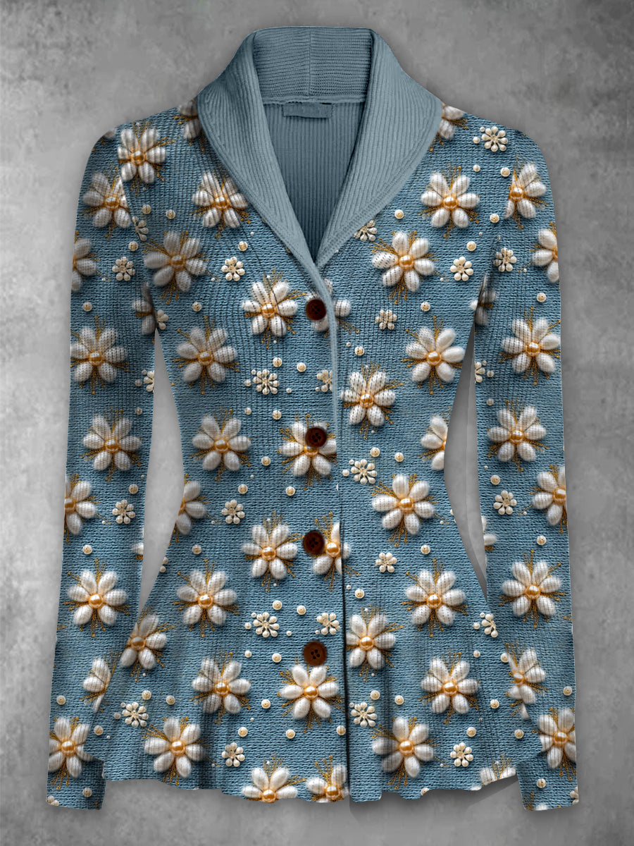 Retro blomstertrykt Elegant Lapel V-halsknapp opp tykk strik langærmet kardigan topp