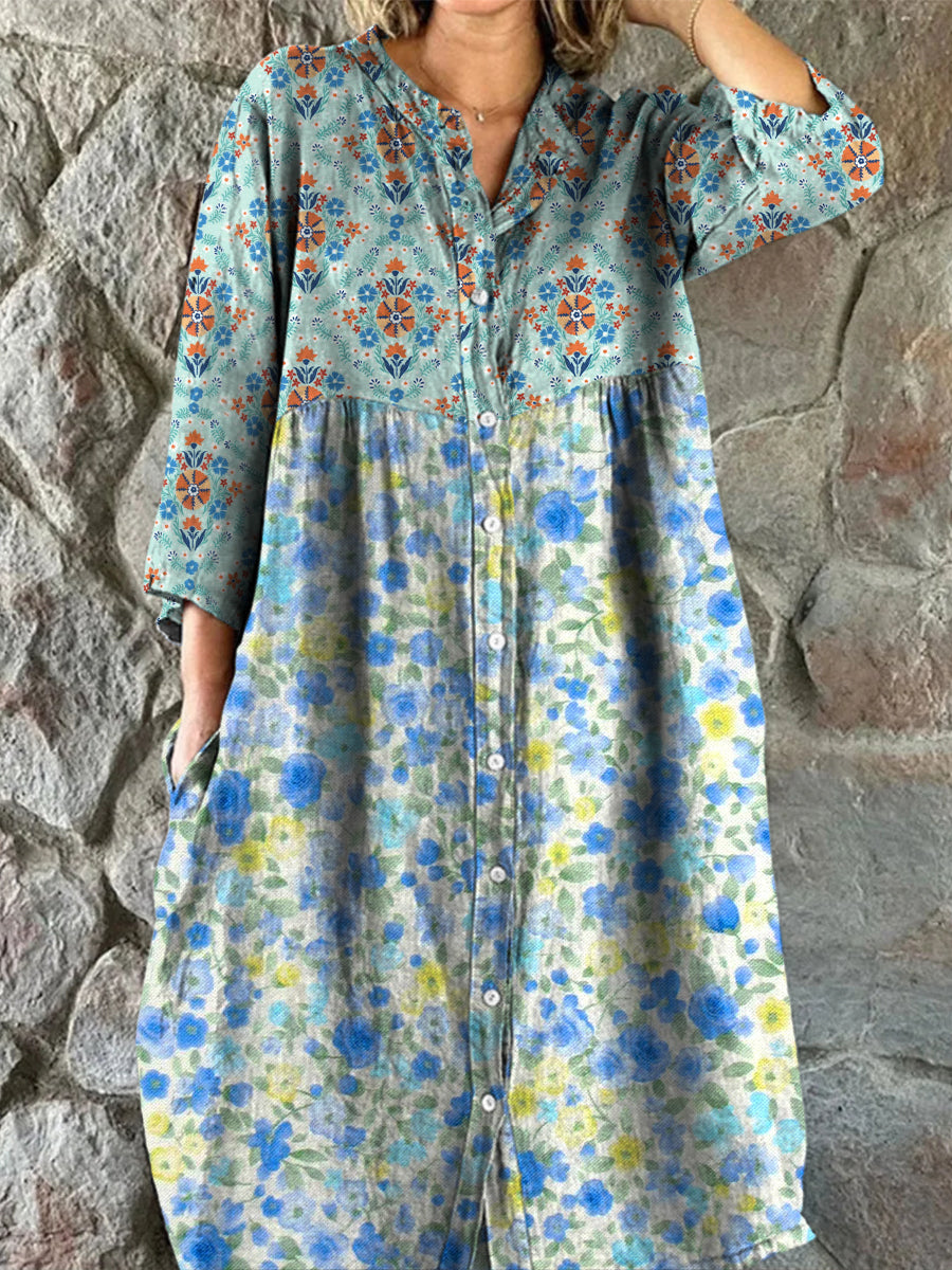 Retro Boho blomsterkunst utskrift Vintage Chic V-halsknapp opp langærme Midi-kjole