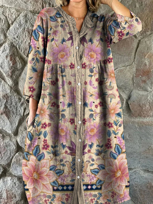 Retro Boho blomsterkunst utskrift Vintage Chic V-halsknapp opp langærme Midi-kjole