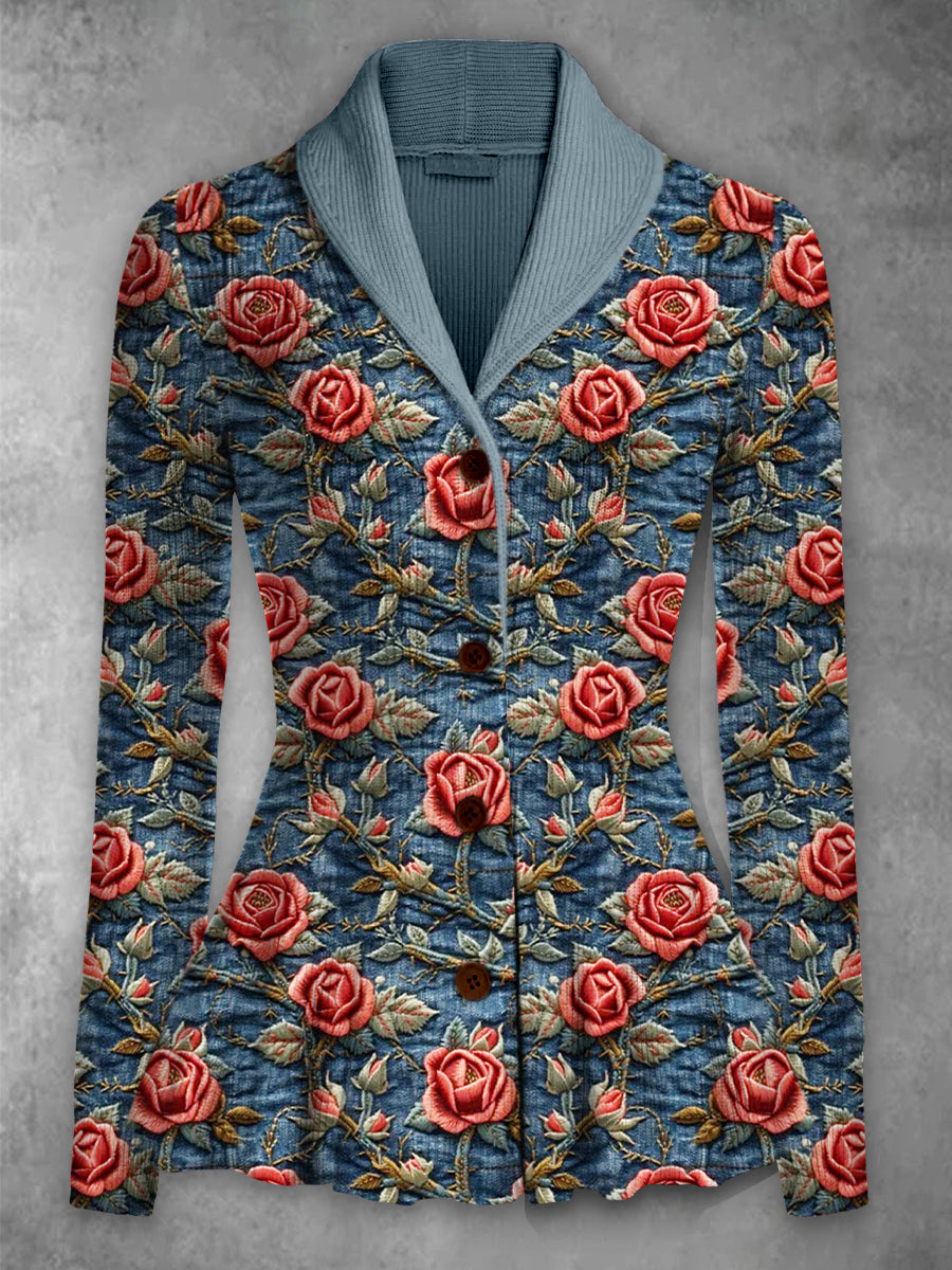 Retro blomstertrykt Elegant Lapel V-halsknapp opp tykk strik langærmet kardigan topp