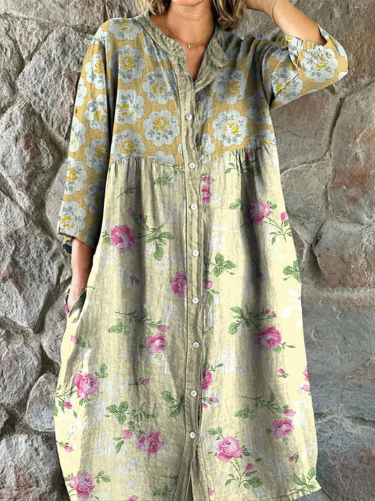 Retro Boho blomsterkunst utskrift Vintage Chic V-halsknapp opp langærme Midi-kjole