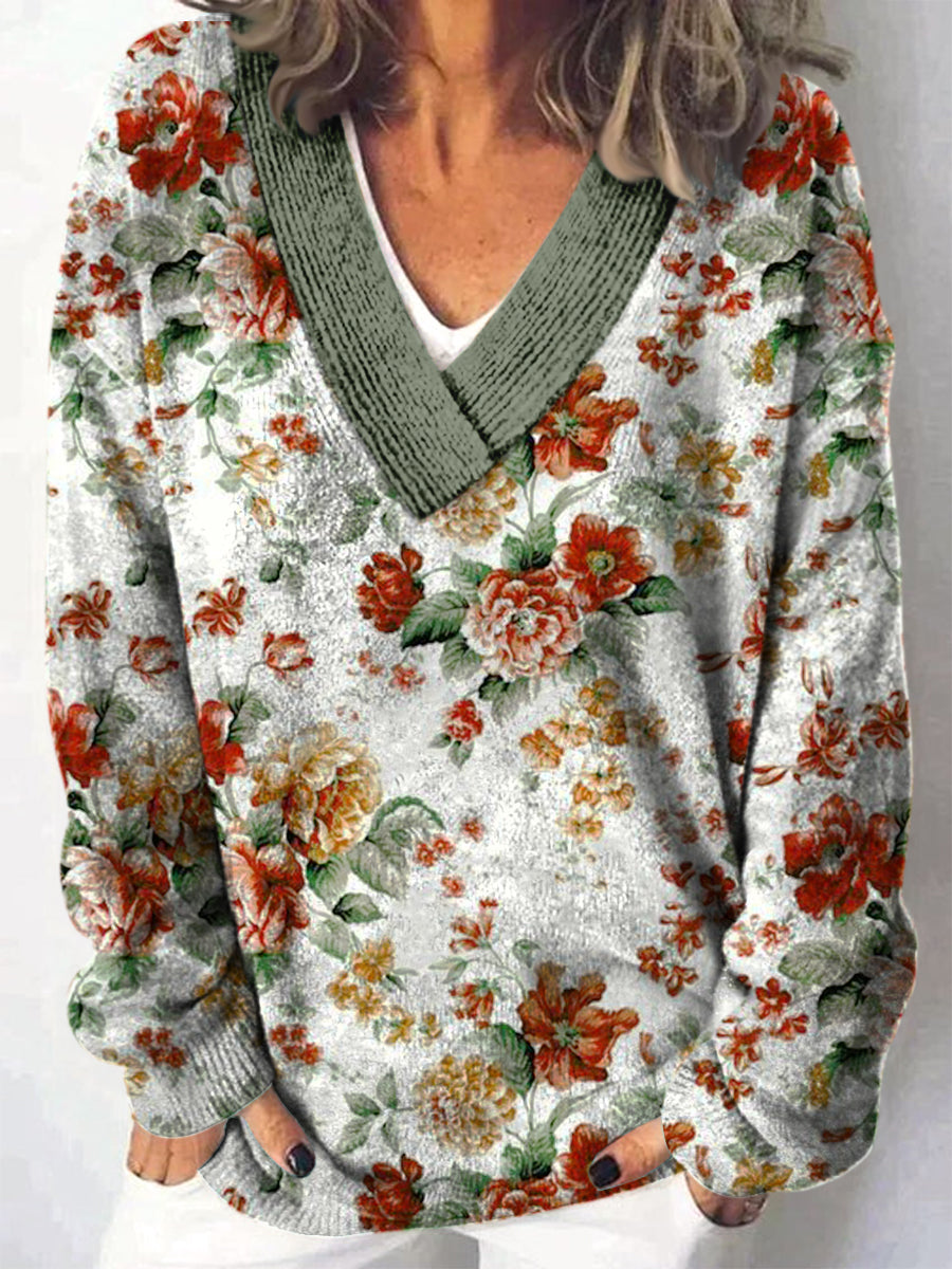 Elegant Retro blomstertrykt V-hals, komfortabel, lang-ærmet, løs Sweatshirt