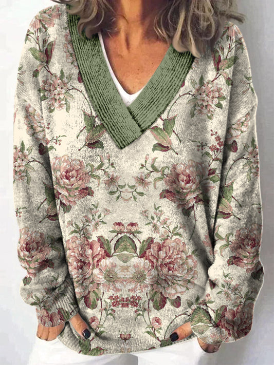 Elegant Retro blomstertrykt V-hals, komfortabel, lang-ærmet, løs Sweatshirt