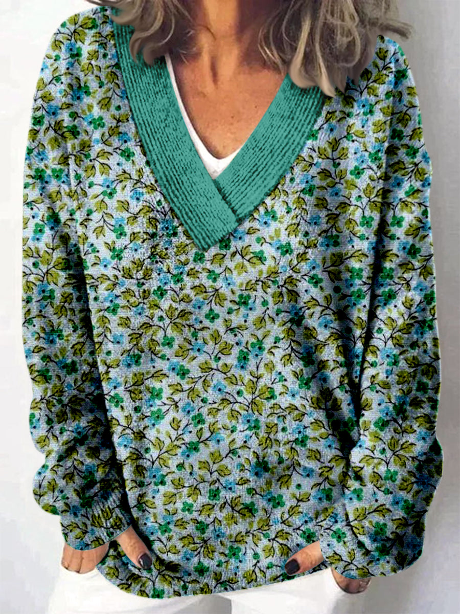 Elegant Retro blomstertrykt V-hals, komfortabel, lang-ærmet, løs Sweatshirt