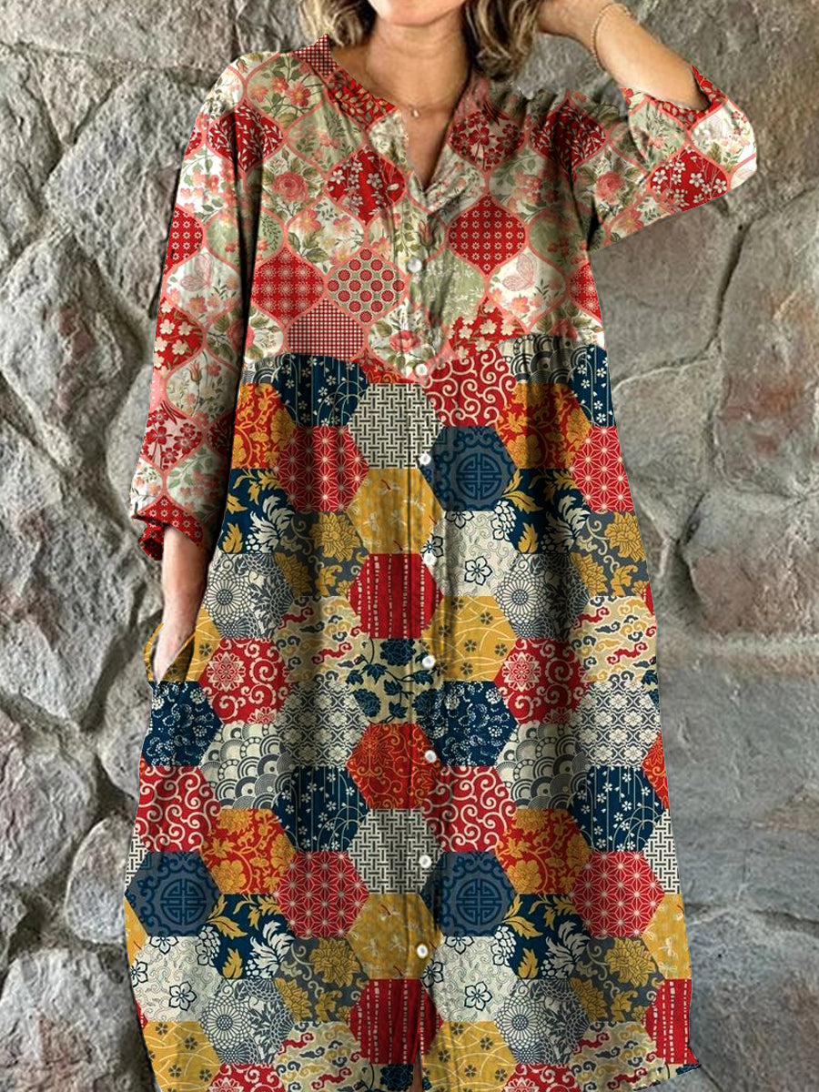 Vintage kunst utskrift Chic V-hals Trekvart ermerknapp Elegant Midi-kjole