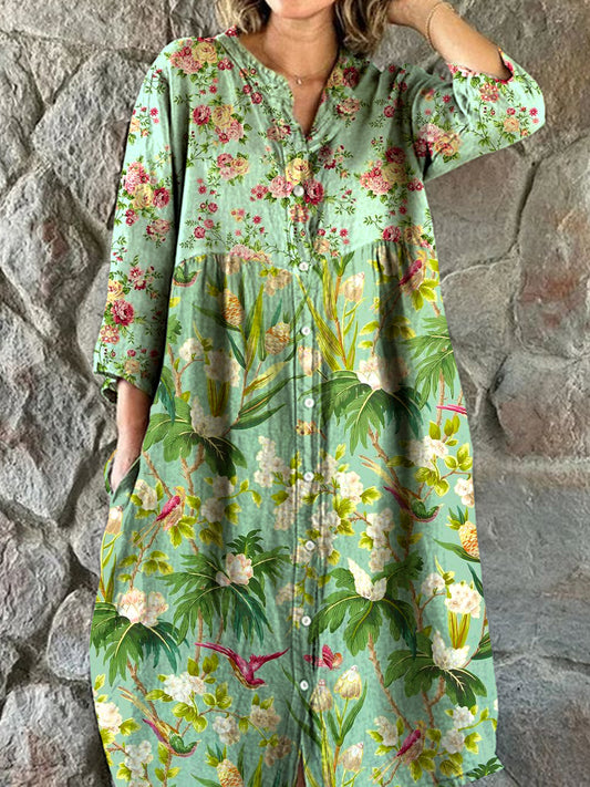 Vintage blomsterkunst Skriv ut Chic V-hals tre-kvart ermerknapp Elegant Midi-kjole