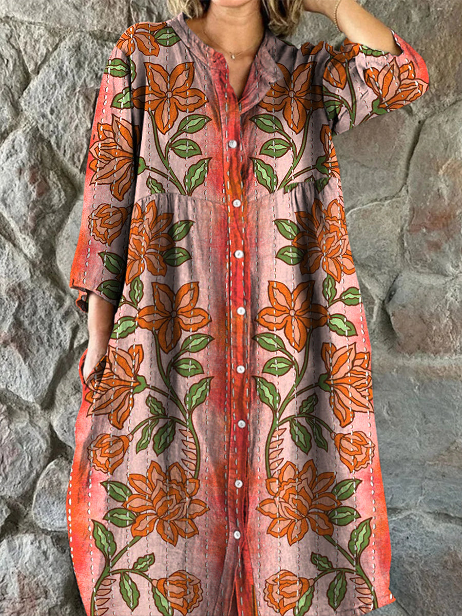 Retro Boho blomsterkunst utskrift Vintage Chic V-halsknapp opp langærme Midi-kjole