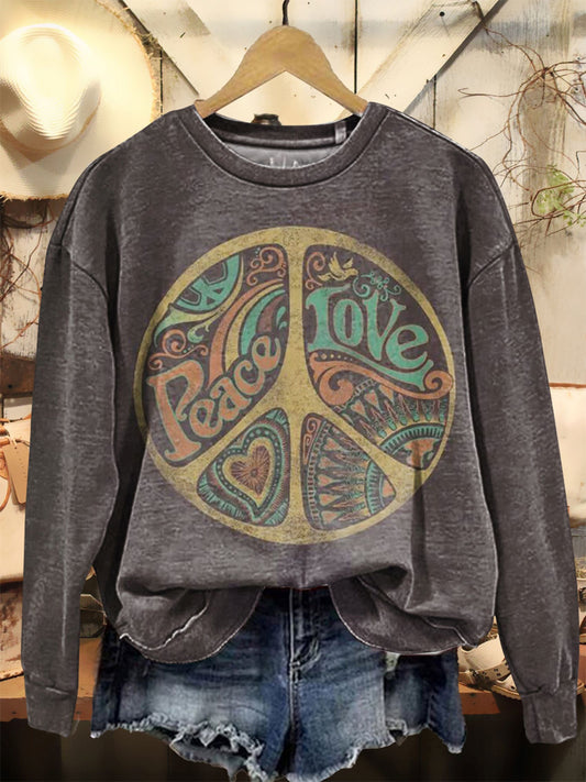 Retro Hippie kunsttrykk design rund hals lang erme, tilfeldig sweatshirt