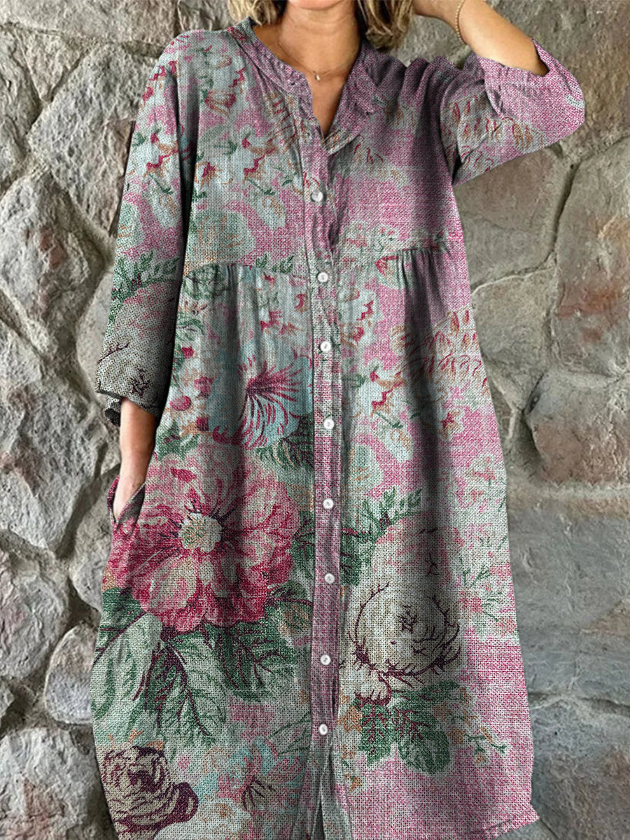 Retro Boho blomsterkunst utskrift Vintage Chic V-halsknapp opp langærme Midi-kjole