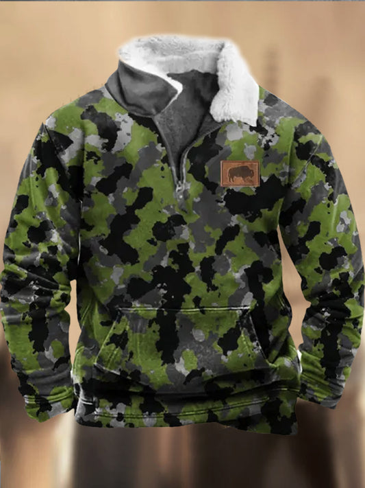 Retro Cowboy Camouflage Mønster trykt vestlig pelskrage V-hals utendørs tykk sweatshirt