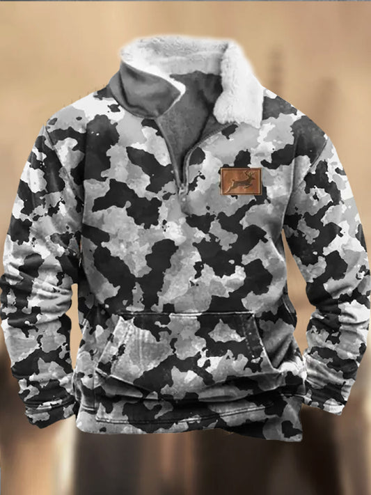 Retro Cowboy Camouflage Mønster trykt vestlig pelskrage V-hals utendørs tykk sweatshirt